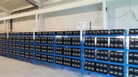 A sophisticated mining farm operating various cryptocurrency miners under professional hosting management